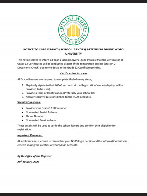 Notice to 2026 Intakes (School Leavers) Attending Divine Word University