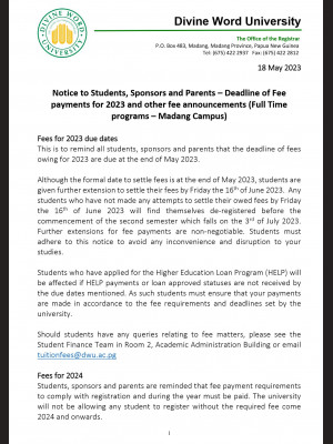 Notice to Students, Sponsors and Parents - Deadline of Fee Payments for 2023