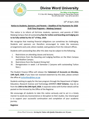 Notice to Students, Sponsors, and Parents - Deadline of Fee Payments for 2026 (Full-Time Programs -