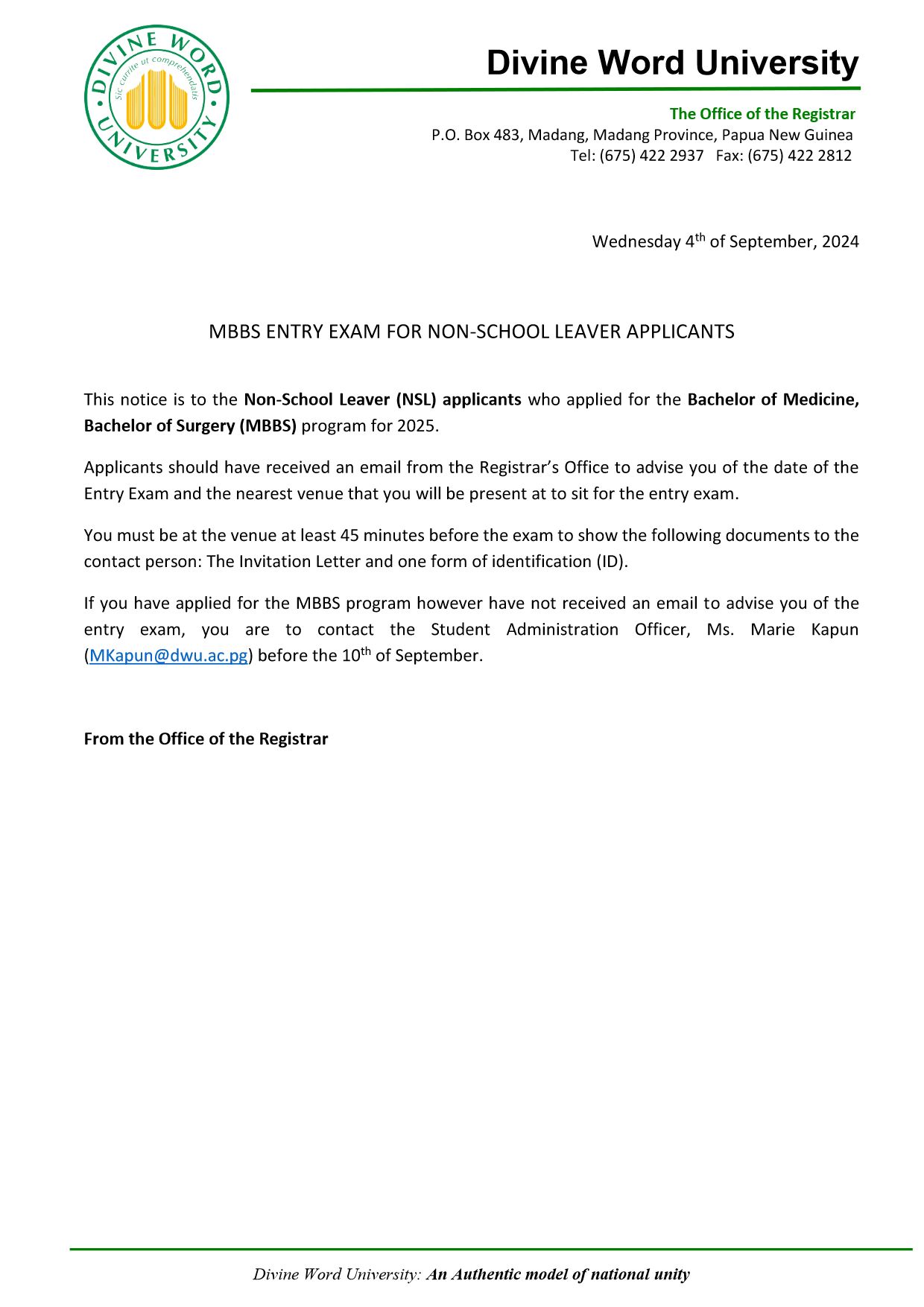MBBS Entry Exam for NSL Applicants notice 1