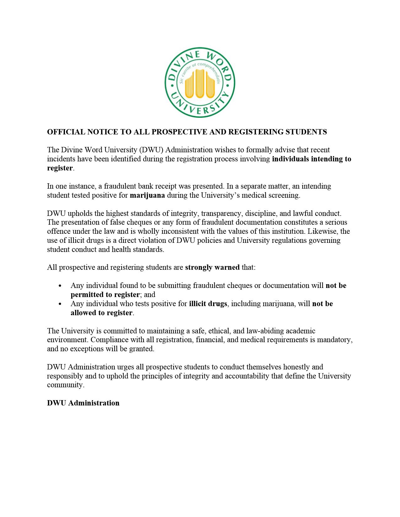 DWU Administration Notice on Fraudulant Cheques and Illicit Drugs PG 1
