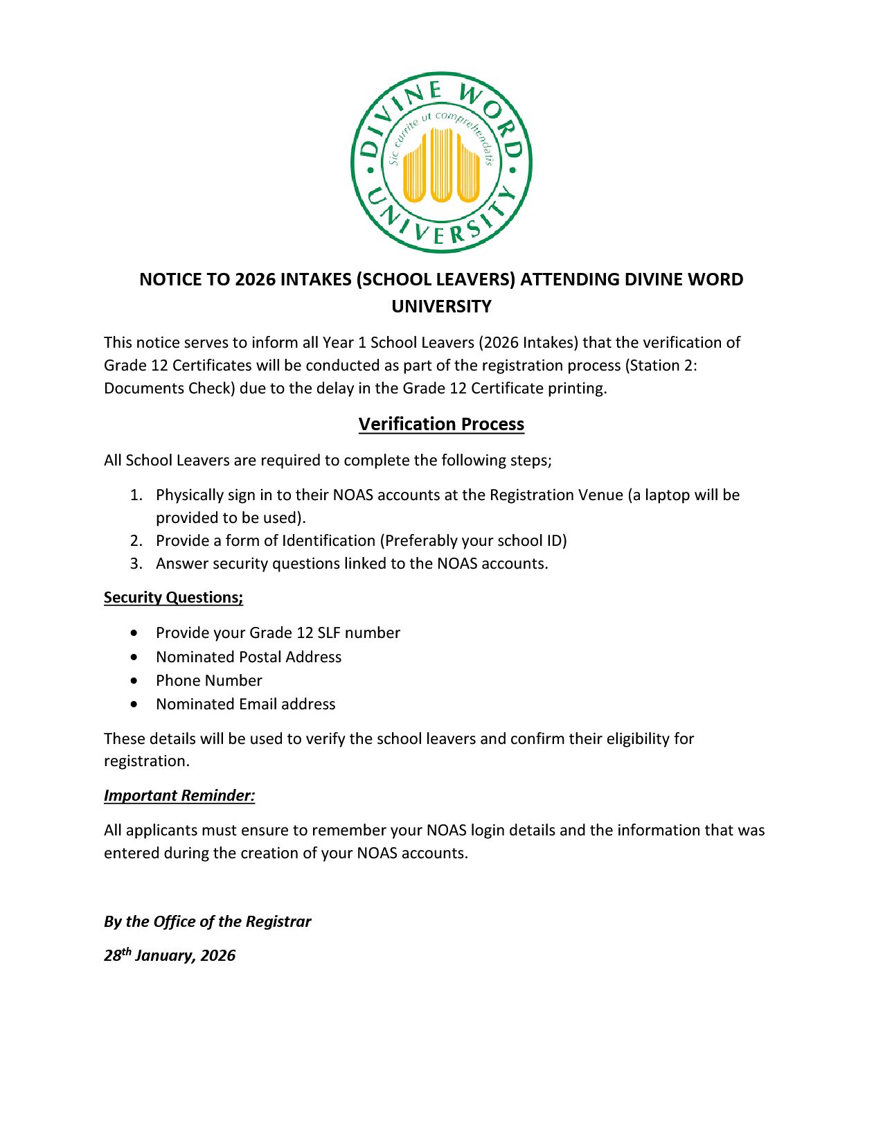 NOTICE TO 2026 INTAKES 1