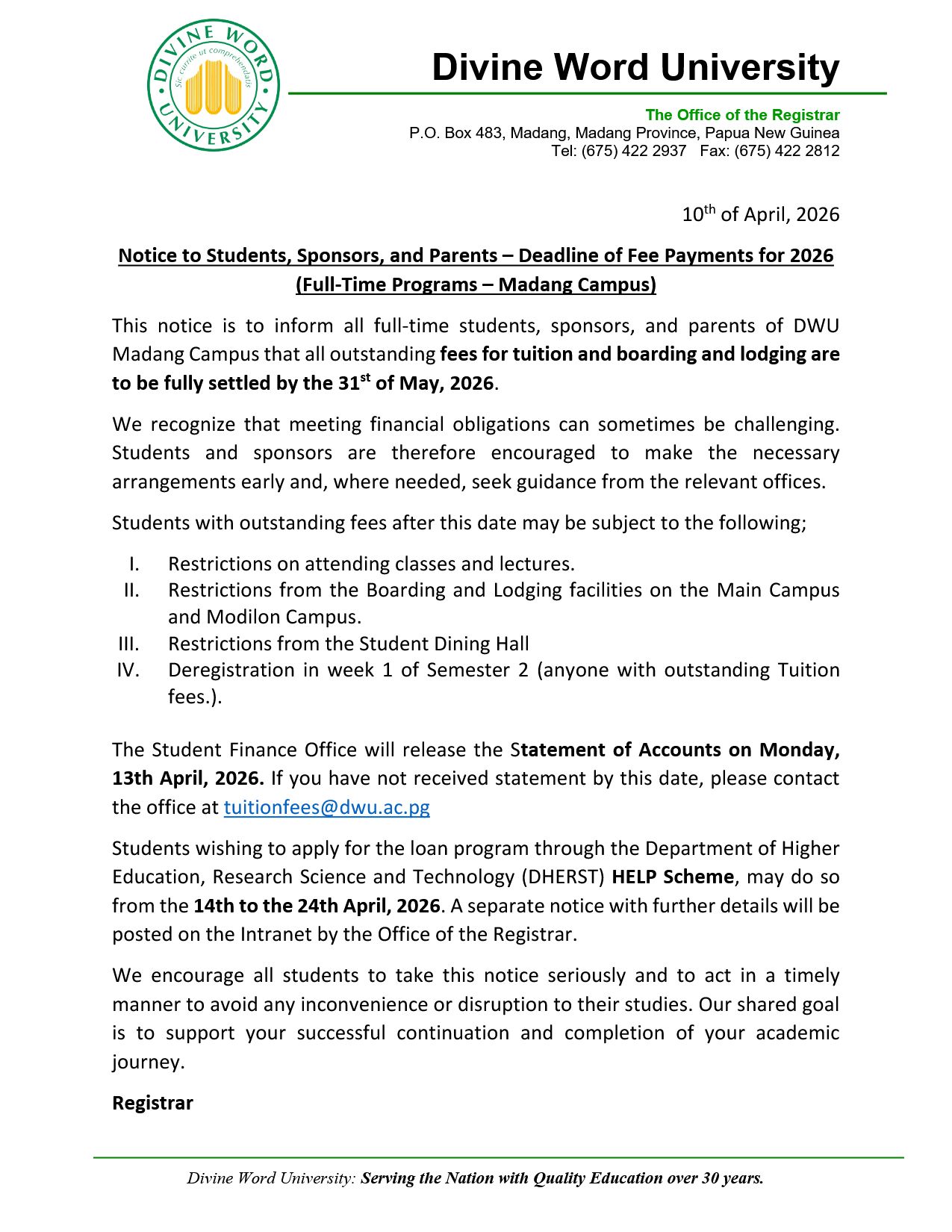 Outstanding Fee Notice 10th April 2026 Final updated 1