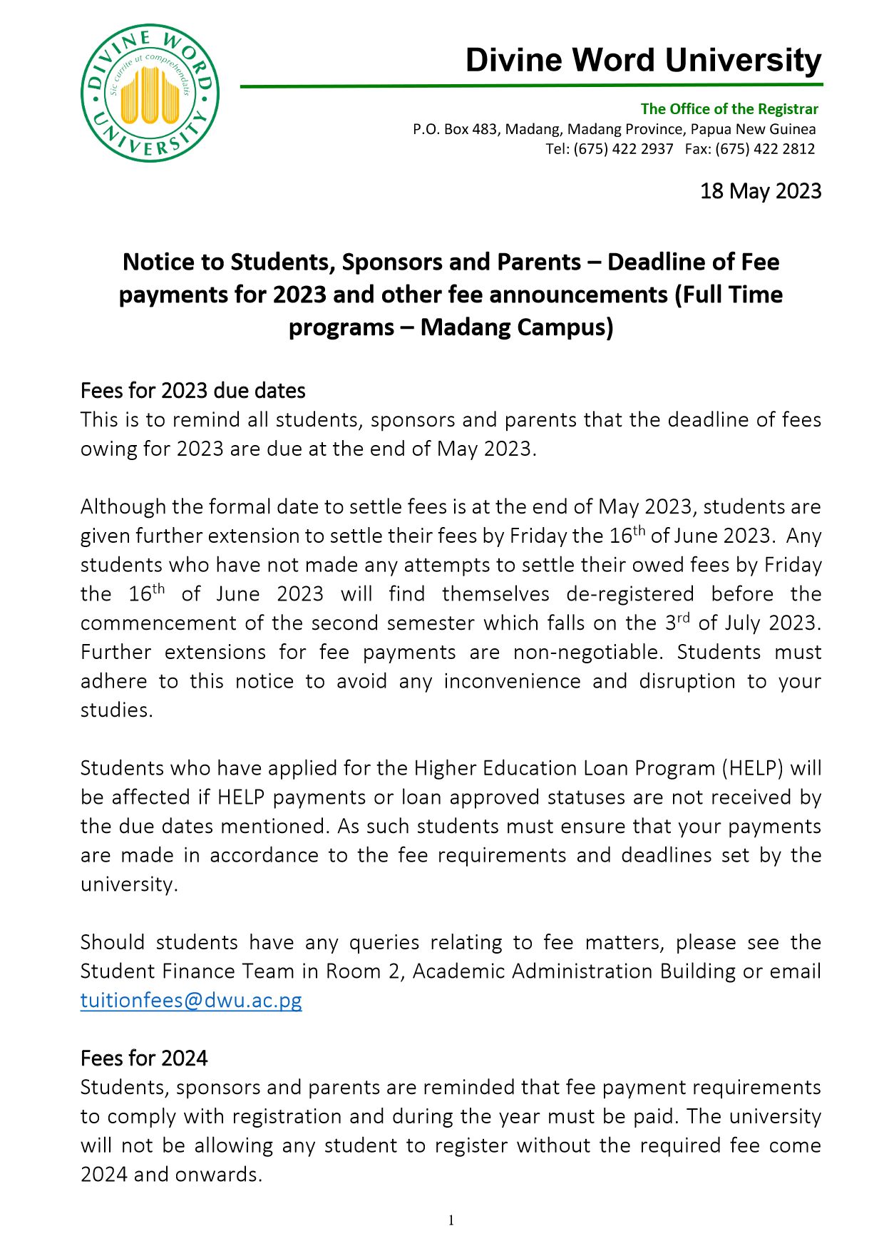 Notice to all students concerning fees 2023 and 2024 1