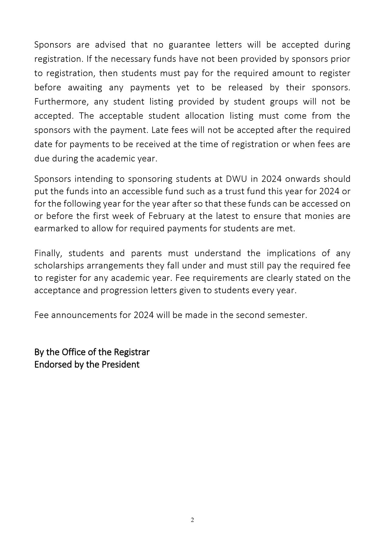 Notice to all students concerning fees 2023 and 2024 2