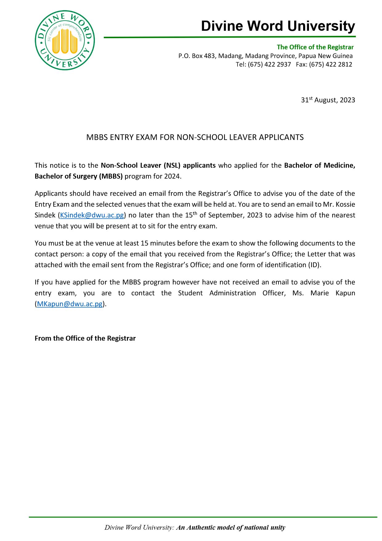 MBBS Entry Exam for NSL Applicants 1