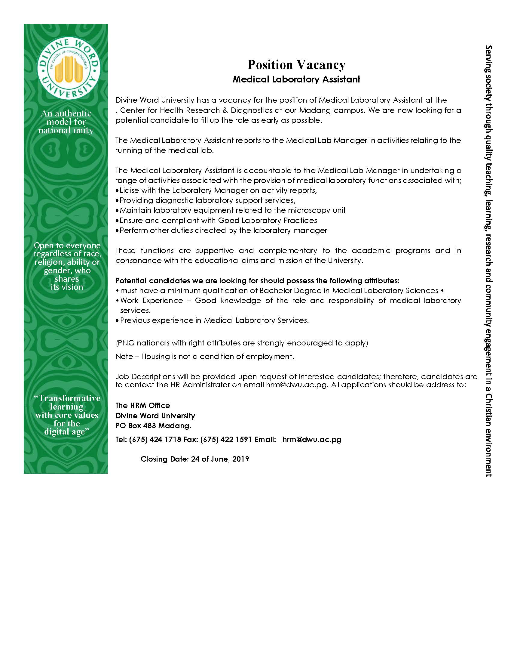 Position Vacancy Medical Laboratory Assistant